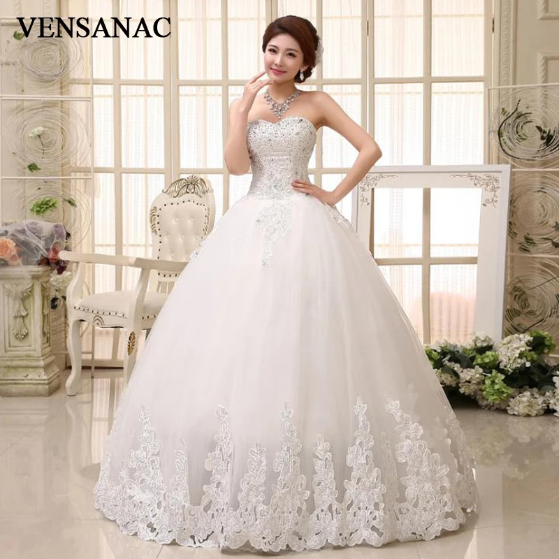 

VENSANAC 2018 Crystal Strapless Lace Appliques Ball Gown Wedding Dresses Sequined Off The Shoulder Backless Bridal Gowns