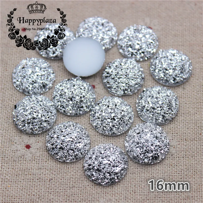 Druzy-丸い光沢のあるシルバーの石の表面,樹脂製のフラットバックカボション,手作りの日曜大工のアクセサリー,50個,16mm