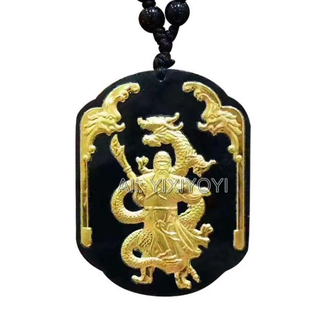 

Wonderful Natural Black Green Hetian Jade + 18K Gold Chinese Dragon GuanGong Amulet Lucky Pendant + free Necklace Fine Jewelry