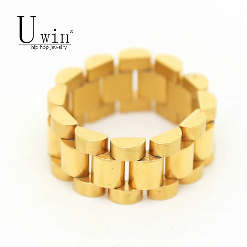 

UWIN Hip hop Men Stainless steel Chain Ring Punk Style Gold color Three Row Watch Strap Golden Rings Fashion Party Jewelry