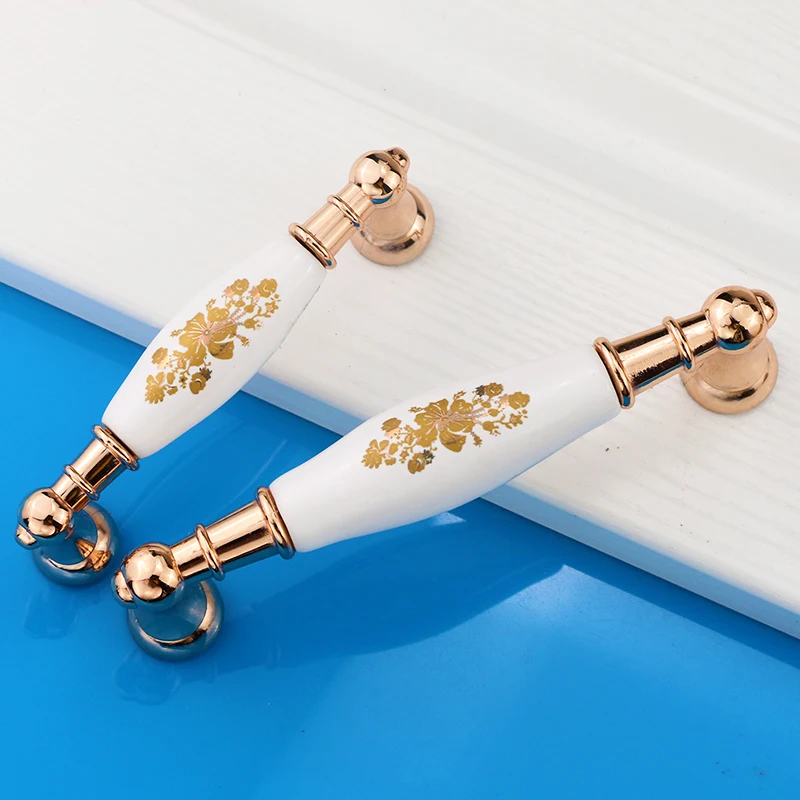 2 pcs 96mm 128mm Long Ceramic Pull Handles Rural Wardrobe Kitchen Door Drawer Handle Knob with Mental Base