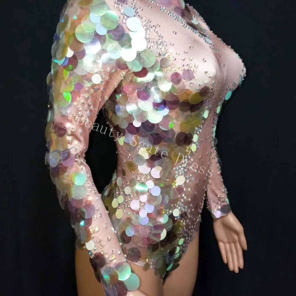 Mermaid Big Sequins Bodysuit Sexy Leggings Crystals Jumpsuit Party Costume Stage Performance Rhinestones Big Stretch Rompers