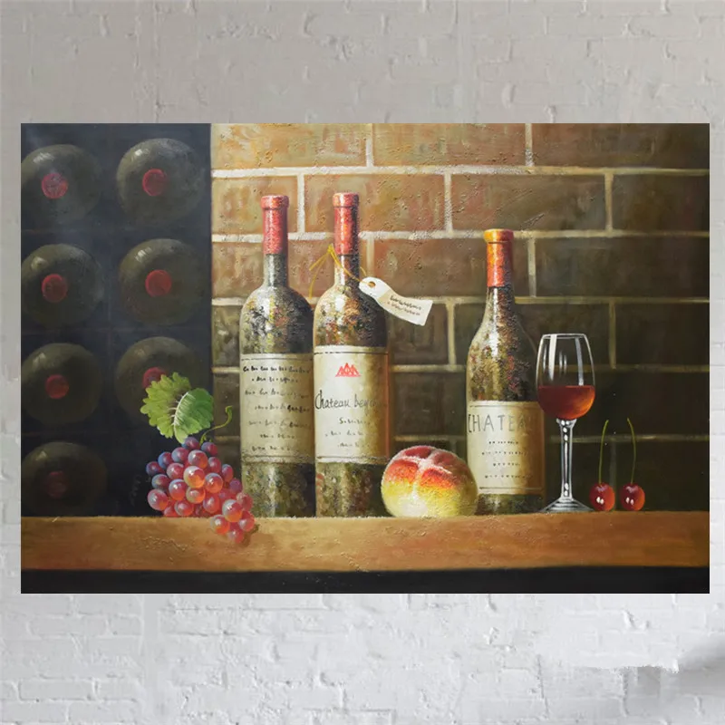 

Hand painted canvas oil paintings Europe style Fruit and wine bottle oil paintings Wall picture decoration for dining room