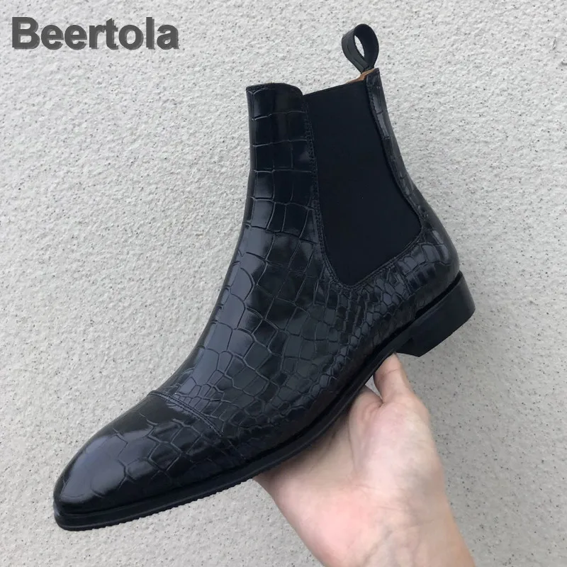 Genuine Leather Boots Women Black Low Heel Winter Shoes Boots Woman Square Toe Chelsea Boots Alligator Pattern New Ankle Boots