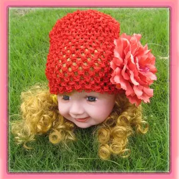 Free Shipping!12pcs/lot New 6\'\' Baby crochet beanies with flowers knit  waffle beanies can mix order