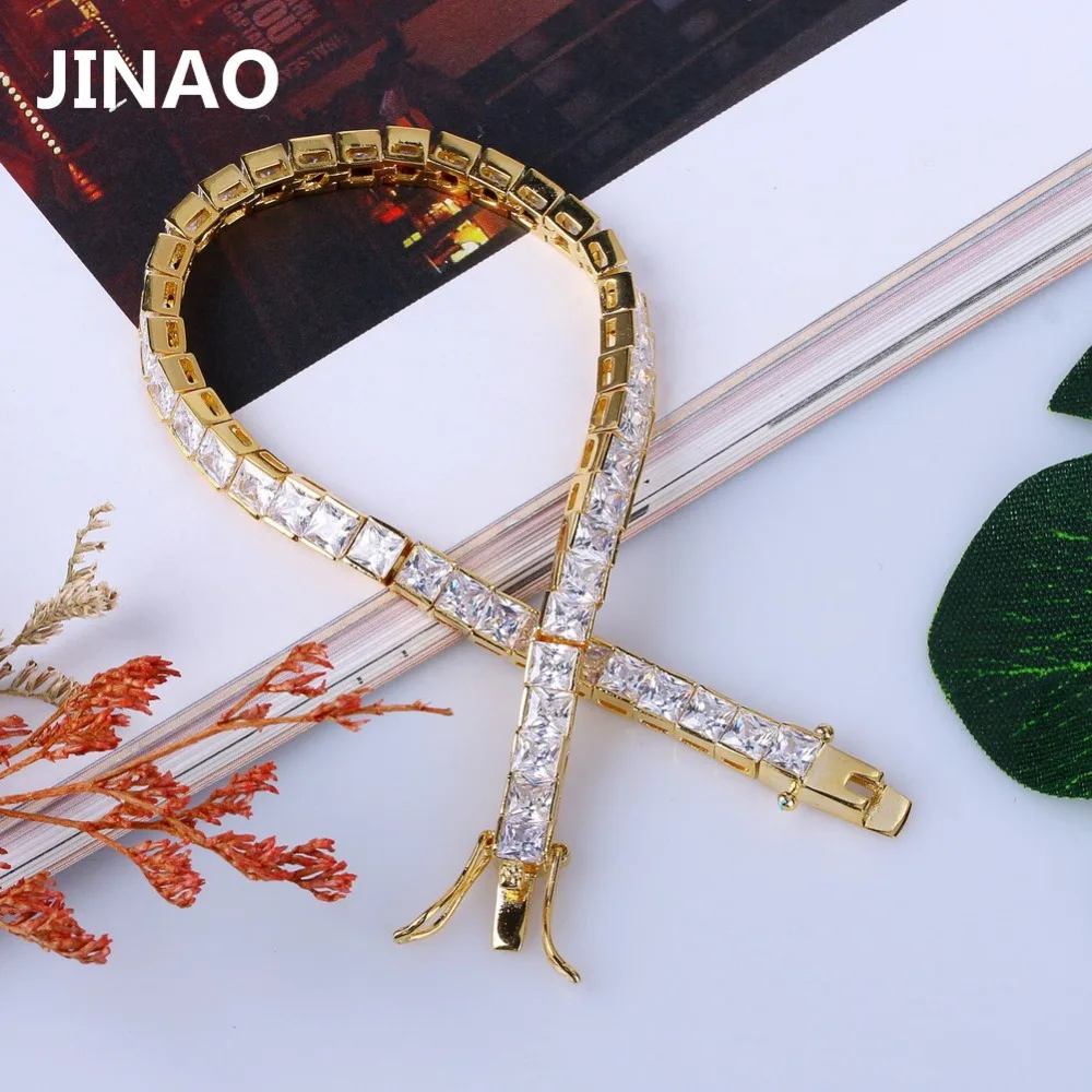 JINAO 1 Row 6mm Hip Hop Bracelet Gold Color Plated Micro Pave AAA Cubic Zirconia Iced Out Bling Box Chain Bracelet Men\'s Gift