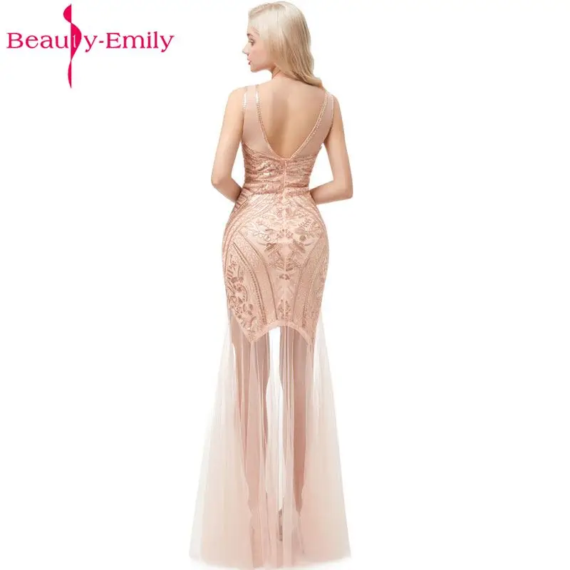 Beauty-Emily Sequins Golden Beading Evening Dresses Mermaid Long Formal Prom Party Dresses 2019 New Style