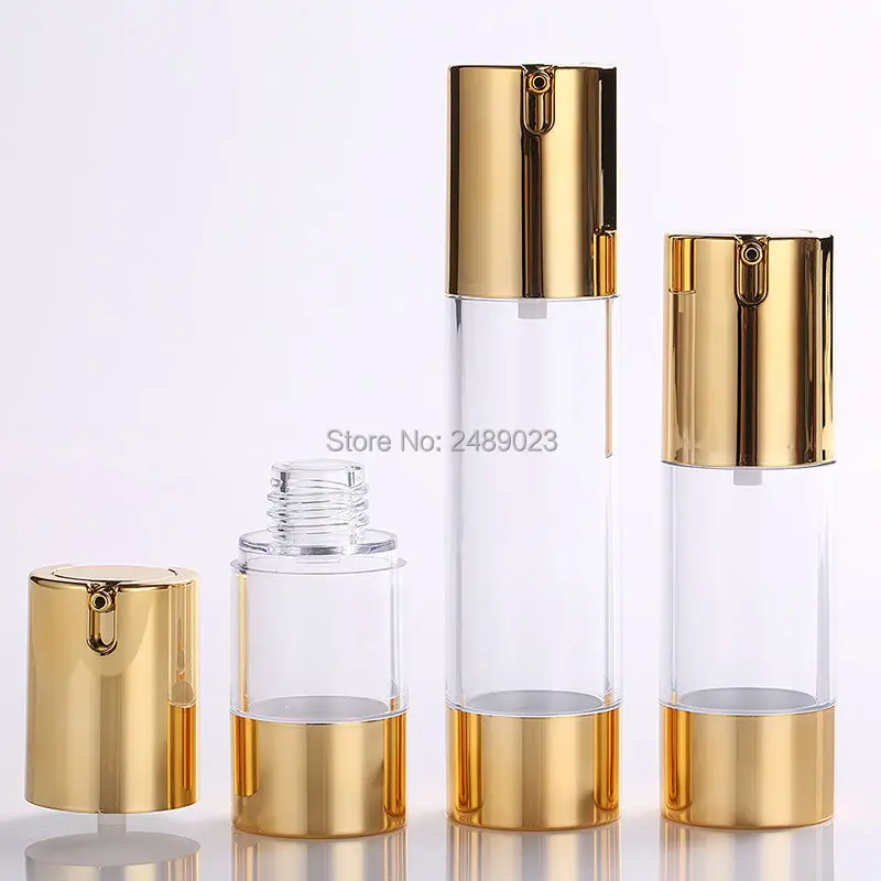 

10pcs/lot Gold 15ml 30ml 50ml Airless Pump with Clear Body Bottle By Self Empty Reusable Refillable Diy Skin Care Creations