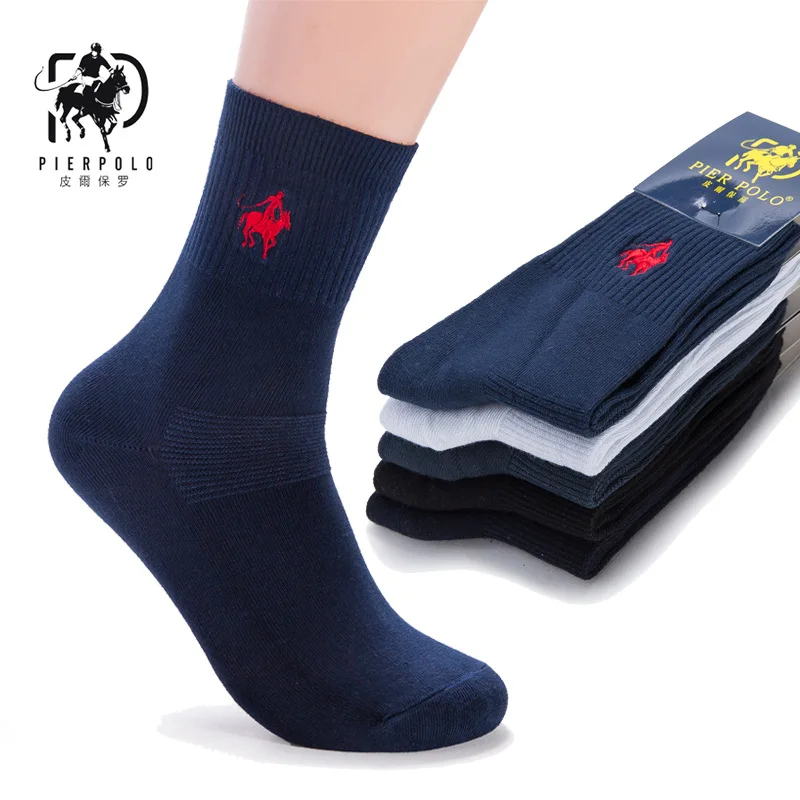 PIER POLO socks 5 Pairs/lot  Autumn winter men\'s cotton socks double needle embroidery Meias Harajuku Happy Men\'s Business Socks