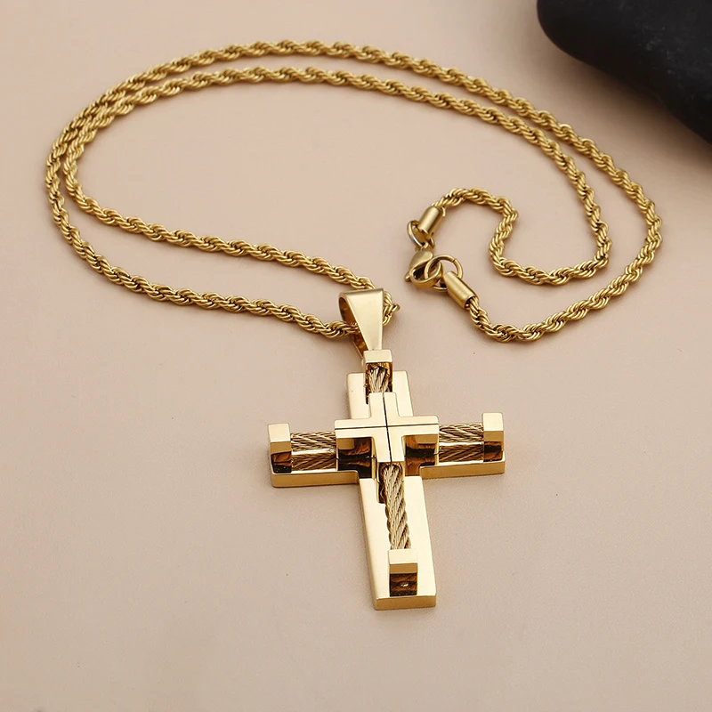 Stainless Steel Wire Chain Large Biker Cross crucifix Pendant Necklace Rope Chain Men's Women Punk Fashion Gift 4mm 22 inch