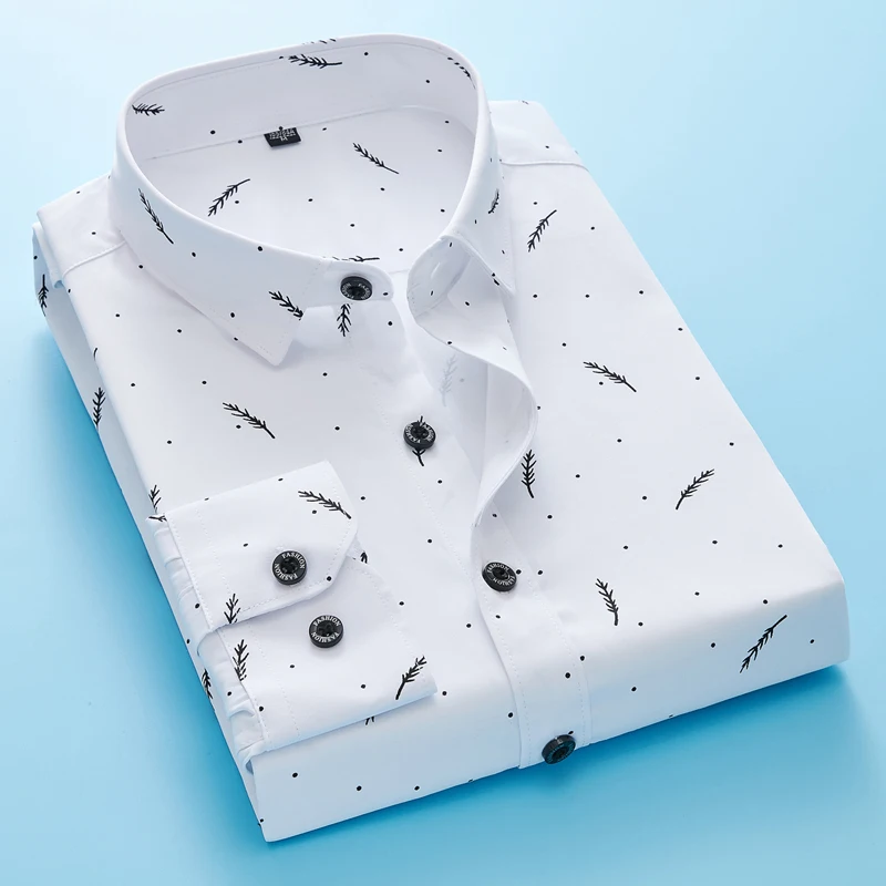 Camisa de manga comprida estampada em penas masculina, camisas clássicas, slim fit, conforto, algodão macio, estilos de lazer, moda