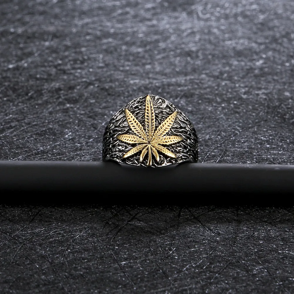 Maple Leaf Mens Stainless Steel Ring Hip hop Punk Style Gold Color Signet Ring For Rocker Mujer