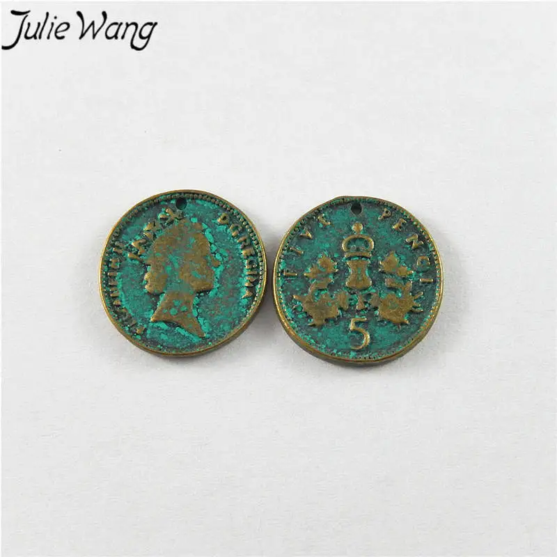 Julie Wang 20pcs Antique Green Bronze Alloy Imitation 5 Pence Charms For Necklace Pendants Findings Jewelry Making Accessory