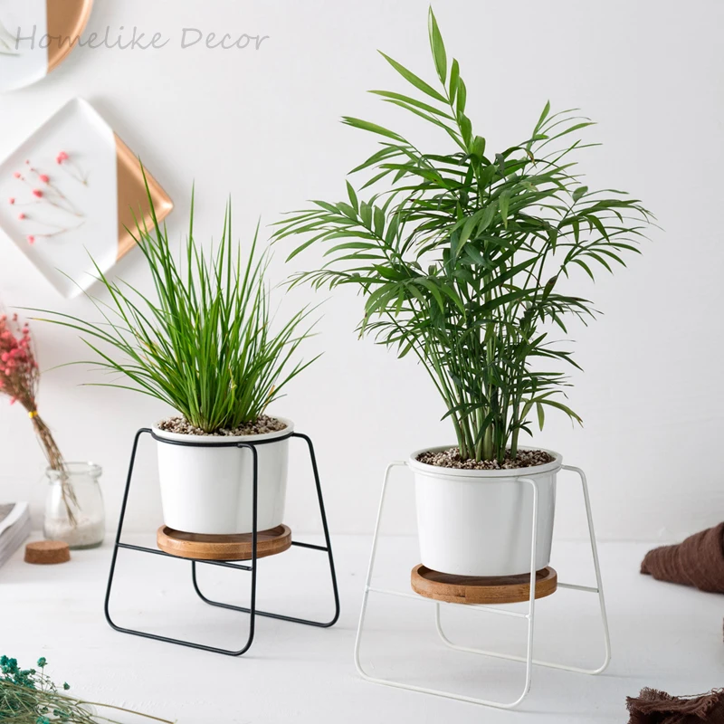 

Modern Ceramic Flower Pot White Black Succulent Plants Pot with Bamboo Stand Iron Metal Planter Bonsai Home Garden Decor