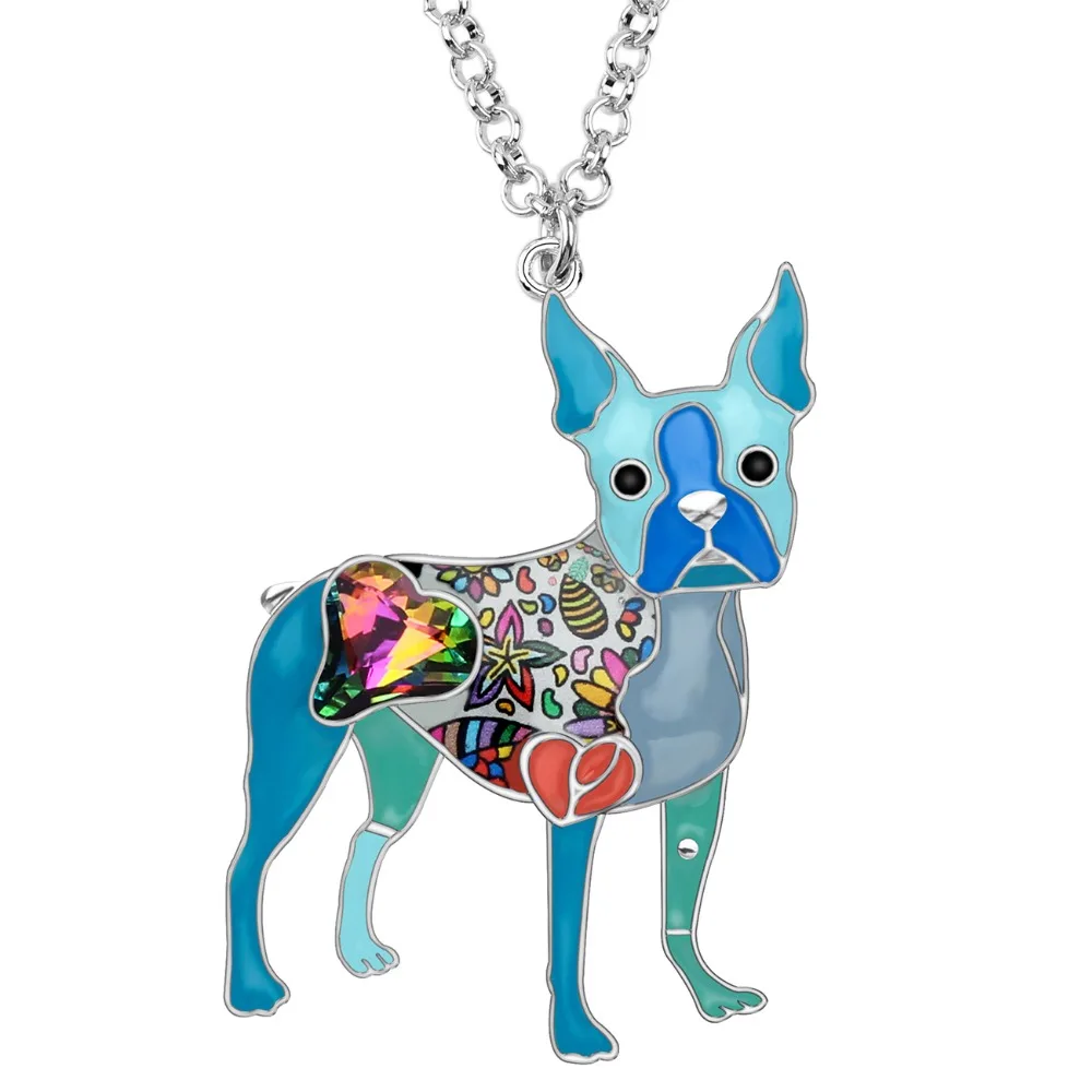 Bonsny Enamel Alloy Crystal Rhinestone Boston Terrier Dog Necklace Pendant Choker Animal Pets Jewelry For Women Girls Gift Party