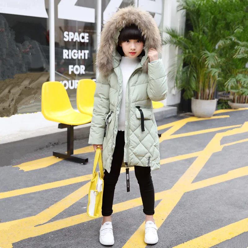 

3-13 Years Children Girl White Duck Down Coat Jacket Fashion Natural Raccoon Fur Hooded Letters Zipper Outerwear For 2024 Winter