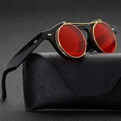 Okulary przeciwsłoneczne damskie marka projektant Retro okrągłe Steampunk steam punk metalowe klapki modne okulary słoneczne gafas óculos de Sol