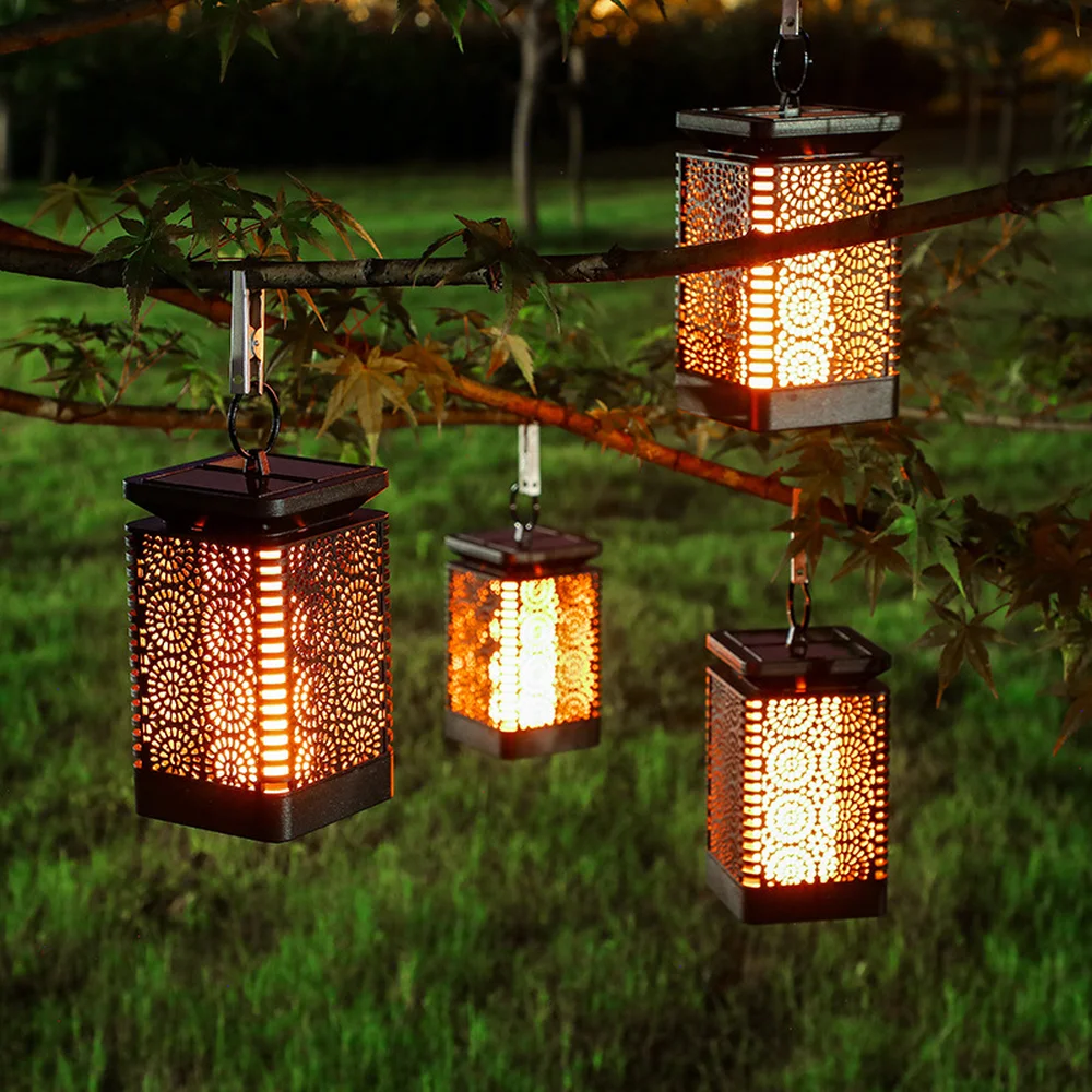 Lampada a sospensione a LED a lanterna a LED con luci notturne a fiamma solare impermeabile retrò per giardino esterno Decor Patio Vintage
