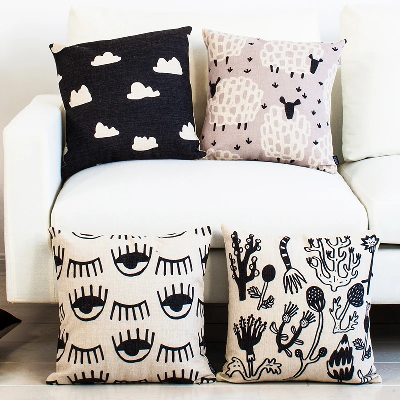 Black White Floral Sheep Cat Cartoon Geometric Pillow Cushion Home Decorative Pillows Linen Pillowcase Sofa Cushion