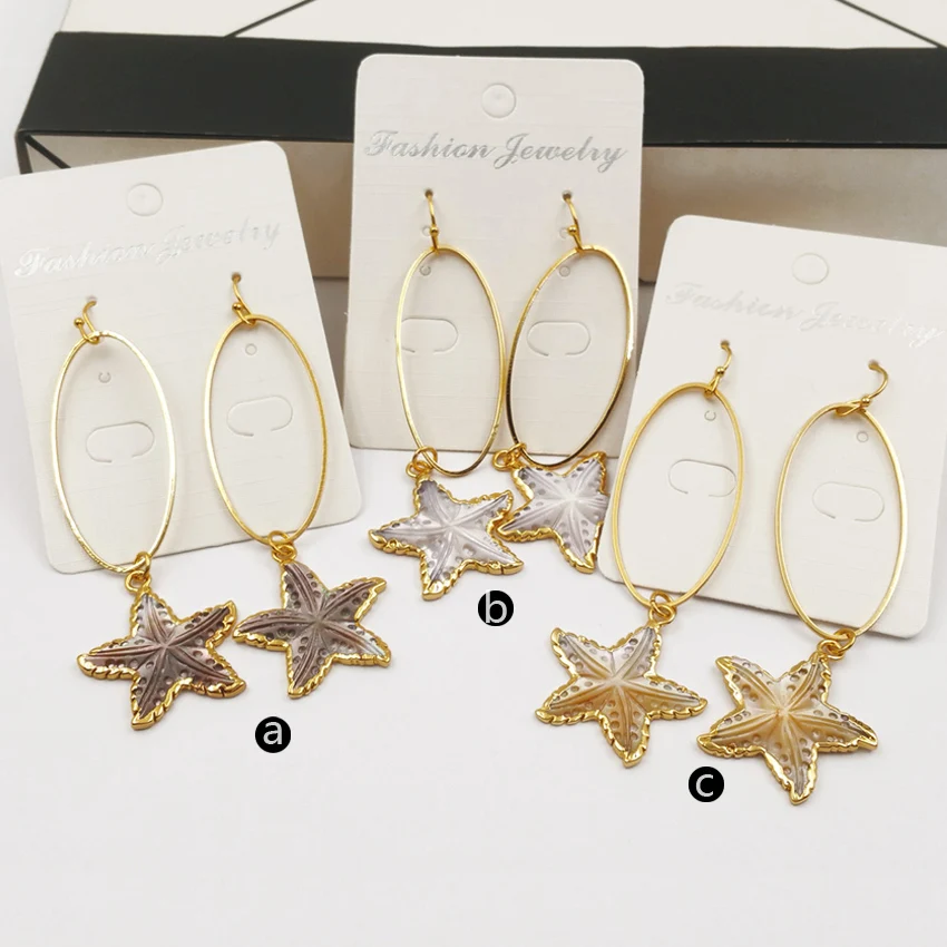 

WT-E437 Gold Dipped Wild Coast Natural Shell Drop Earring Dainty Sea Star Inlay Big Brass Oval For Women Beach Usual Jewelry