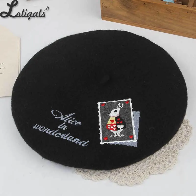 Sweet Women\'s Lolita Beret Wool Embroider Beret Hat Warm Winter Berets