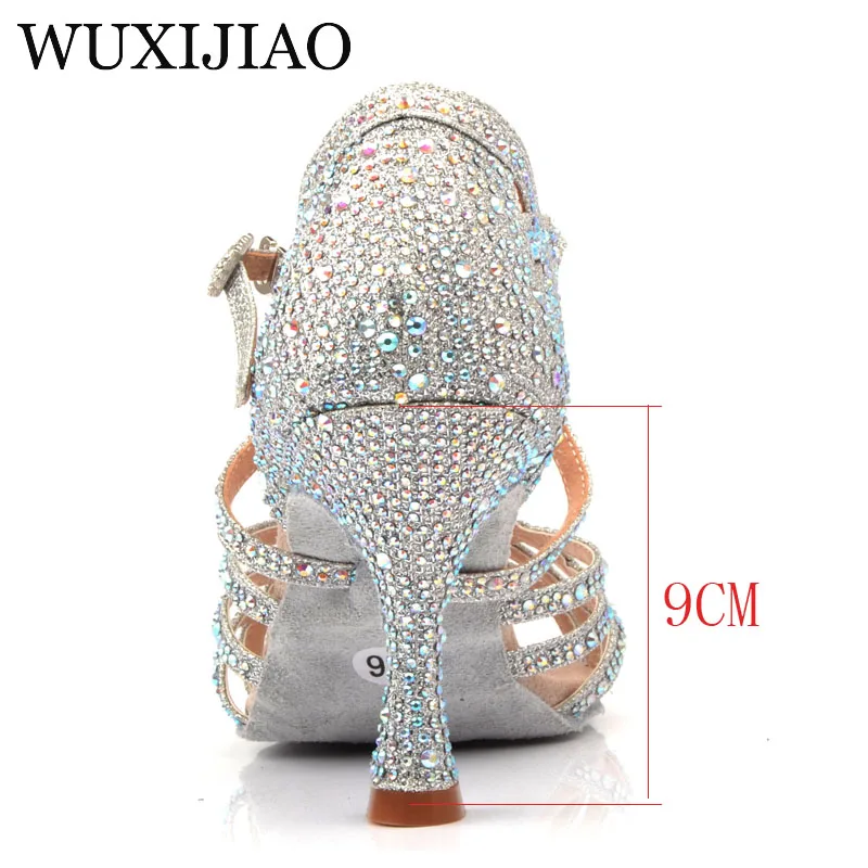 WUXIJIAO Argento Blu Strass Scarpe da ballo latino Donna Salas Scarpe da ballo Perla Tacco alto 9 cm Valzer Software Scarpe Vendita calda