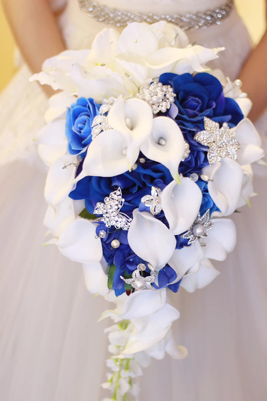 Waterfall Blue White Flower Wedding Bridal Bouquet Brooch Real Touch Artificial Fleur Mariage Pearls Crystal Brides Bouquet