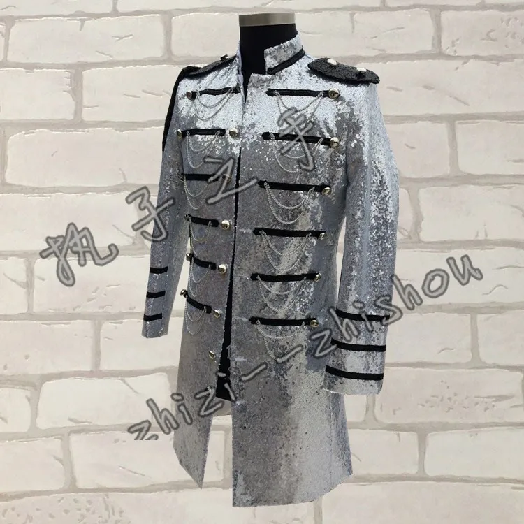 Free ship silver/black full sequins beading medieval jacket vintage stage performance sequins jacket/dance/stuido long jacket