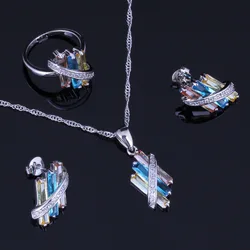 Divine Multigem Multicolor Yellow Cubic Zirconia Silver Plated Jewelry Sets Earrings Pendant Nacklace Chain Ring V0968