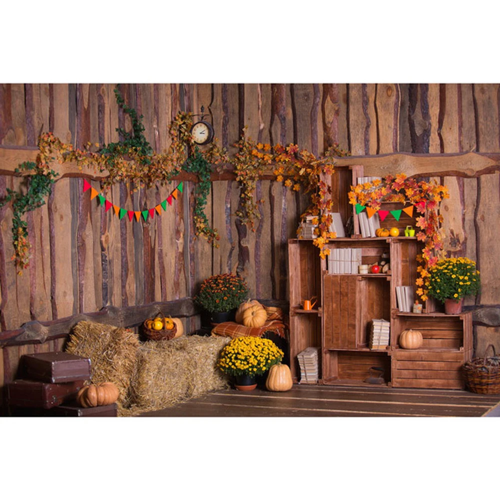 Interior Chalet Halloween Theme Photography Backdrops Printed Pumpkins Haystack Newborn Baby Shower Props Kids Photo Backgrounds