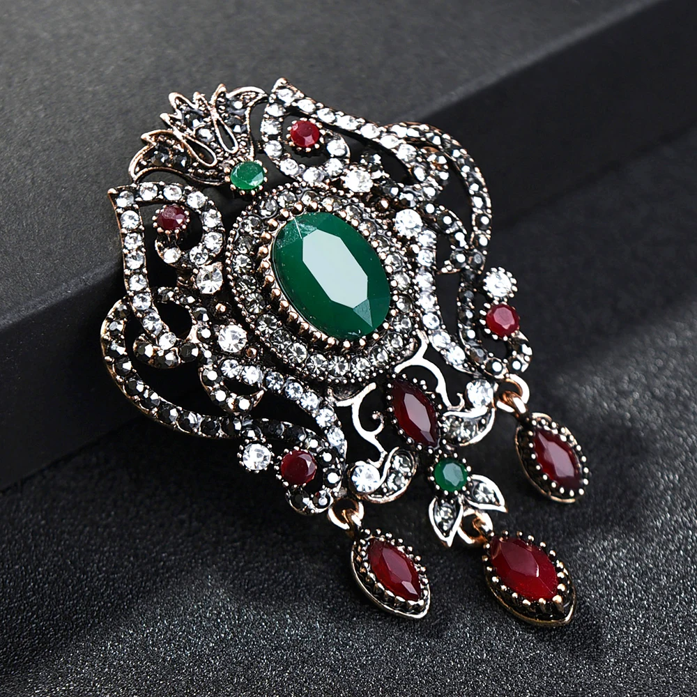 Joyme New Flower Design Vintage Brooches with Pendant Pins for Women Retro Turkey Ethnic Green Red Jewelry Wholesale