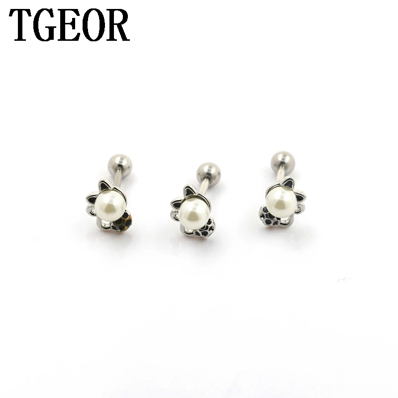 new arrival fashion 1 pair  1.2*6*4/(6*9)mm cat gem simulated pearl tragus piercing earring