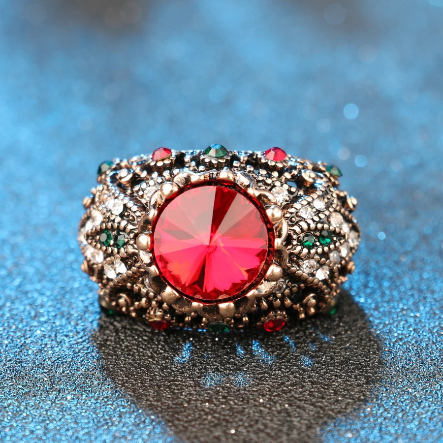 Kinel Red  Satellite Stone Rings For Women Color Ancient Gold Vintage Jewelry Crystal Ring Love Gift