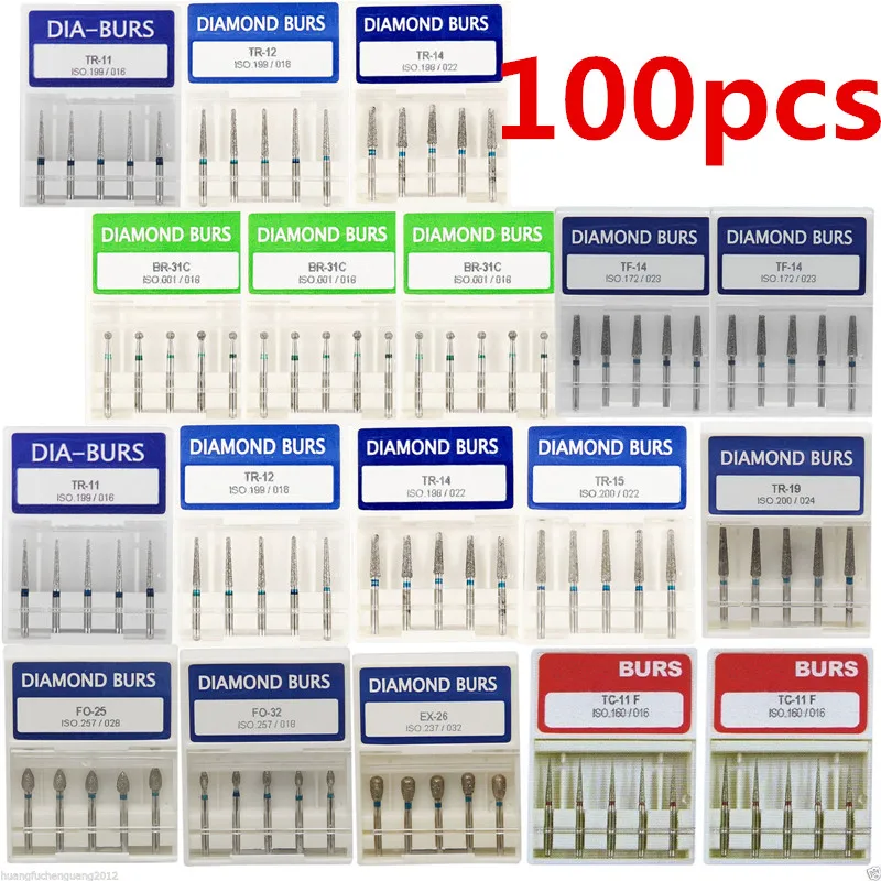 

100 pcs Dental Diamond Burs Medium FG 1.6mm for High Speed Handpiece Turbine NEW