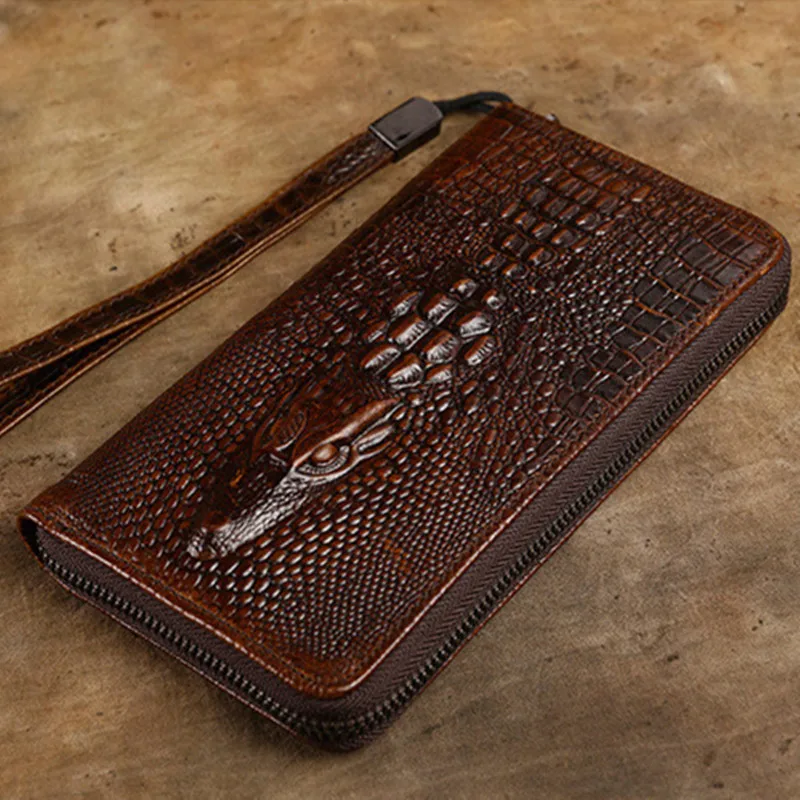 SUB 8 Crocodile Grain Zipper Pocket Men Vintage Wallets 100% Oil Wax Genuine Leather Wallet Fashion Purse Card Holder Coin Purse