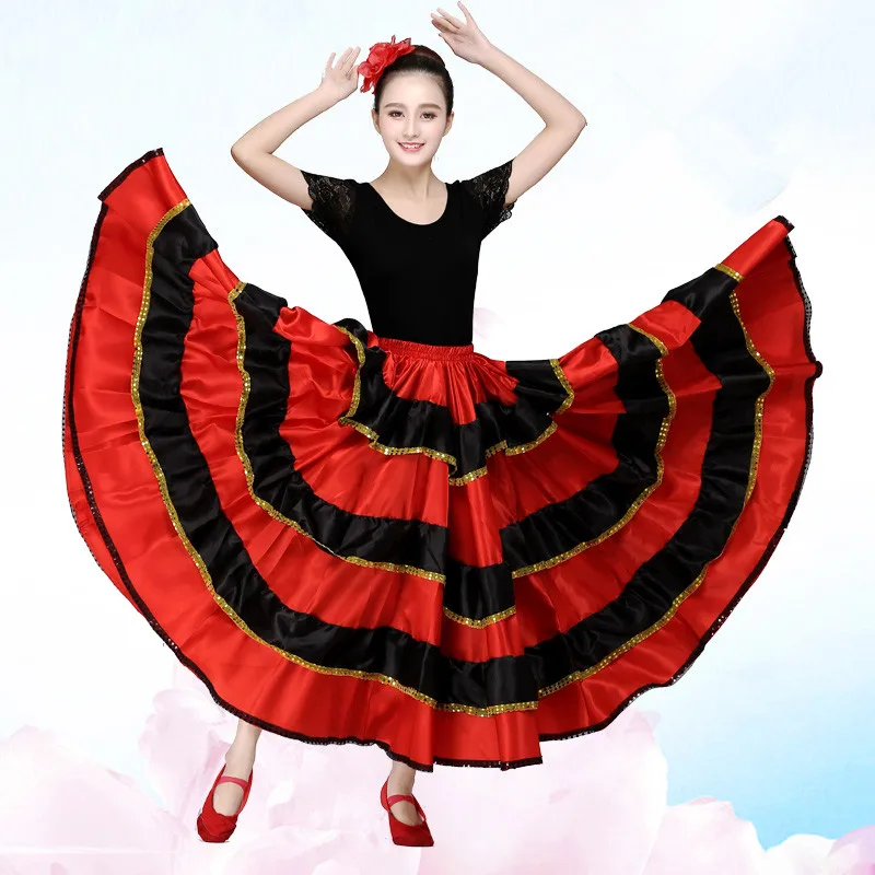 Neueste frauen Rabatt Spanisch Bauchtanz Kleid Lange Flamenco Röcke Rot mit schwarz Flamenco Kleider