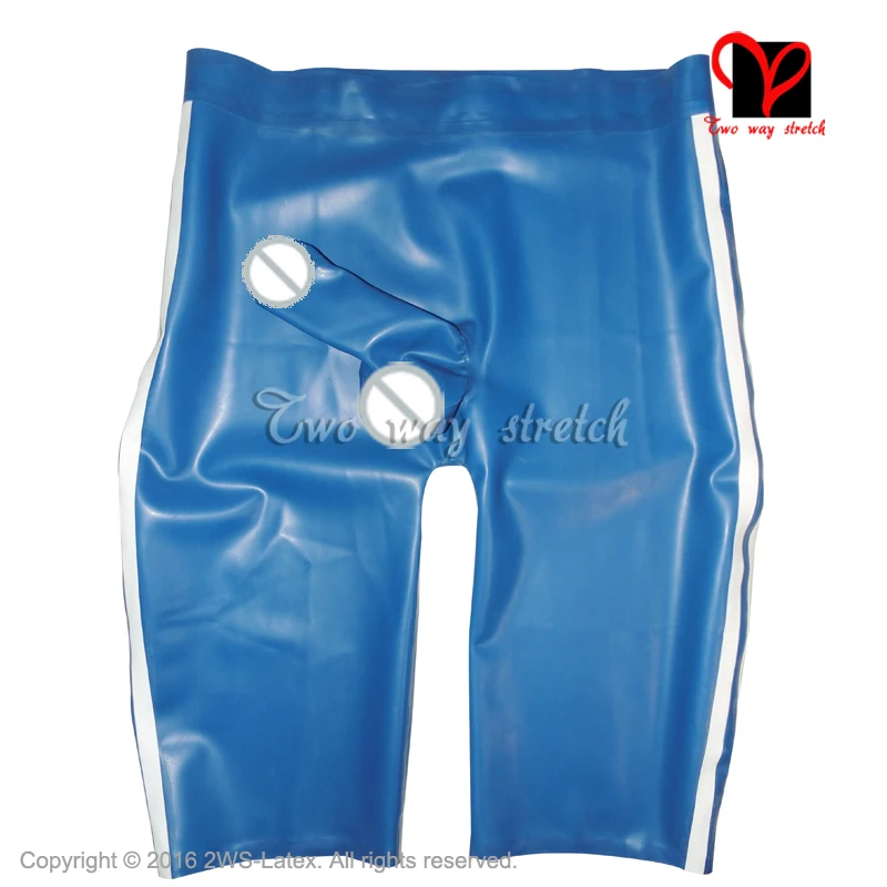 

Blue With White Latex Long Leg Boxer shorts Sexy Rubber pants with Penis sheath Rubber pants Hotpants panties KZ-127