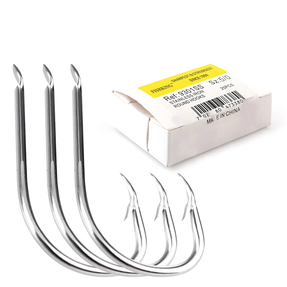 

FISH KING 25-50pcs 9301SS Stainless Iron Nickel Round Bent Sea Hook 5/0#-7# Barbed Kirbed Flatted Fishing Hooks Jig Hooks Japan