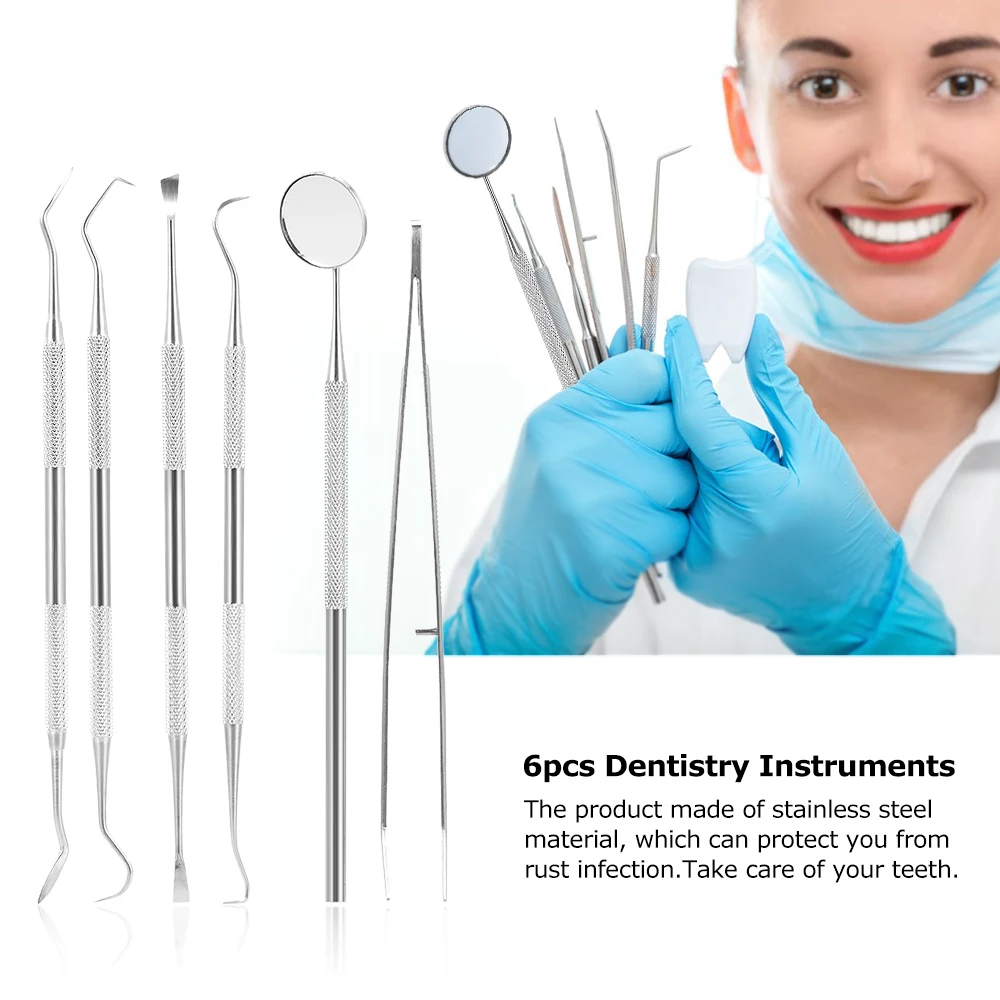 Kit de clareamento dental de aço inoxidável, 6 peças, ferramentas dentárias, ferramenta de seleção de dentistas, conjunto de raspador de dente para uso pessoal e profissional