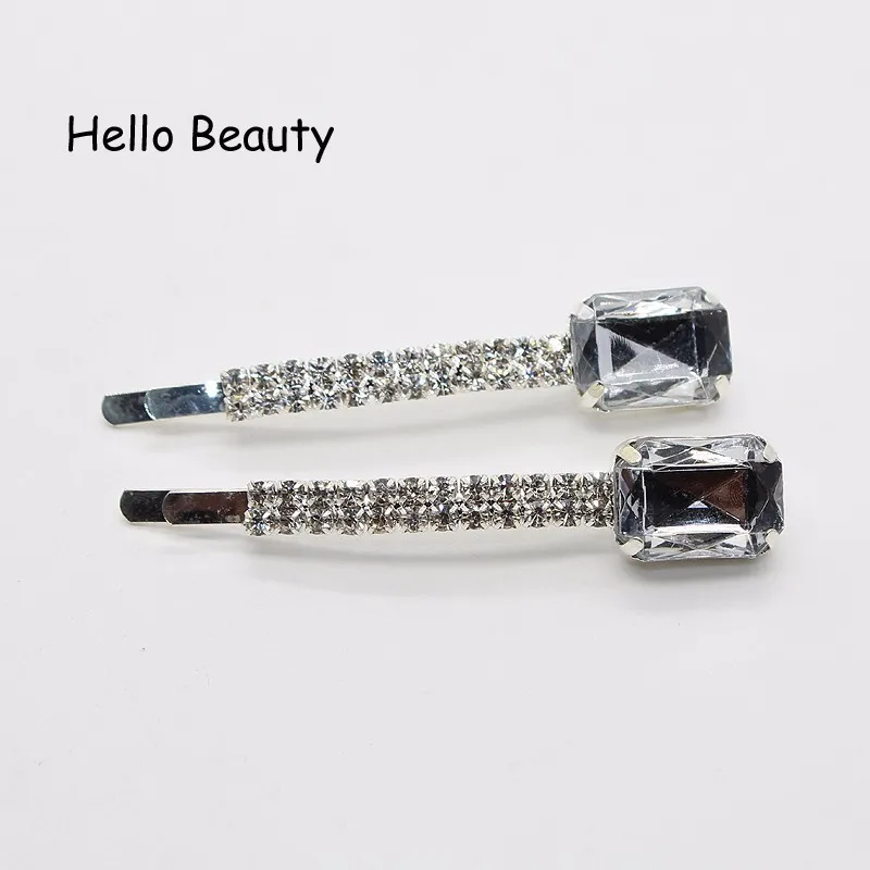 1 Pair Trendy Hair Accessories Luxury Sky Blue Crystal Bling Hair Barrette Square Stone Rhinestone Hair Clips For Women Girls