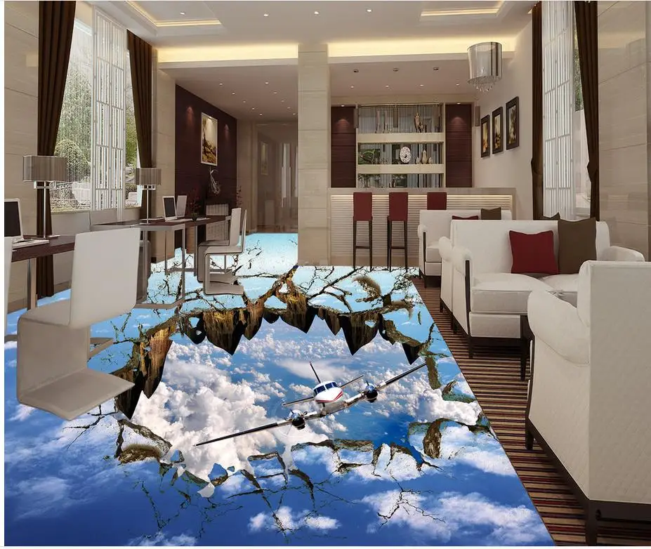 Modern Sticker 3D Floor Sky Airplane Bathroom Living Room 3D Floor Painting Non-slip Waterproof Self-adhesive PVC Wallpaper