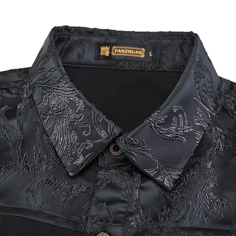 free shipping new men\'s male fashion casual Youth Party dark jacquard long sleeved stitching slim black shirt 612118 FanZhuan