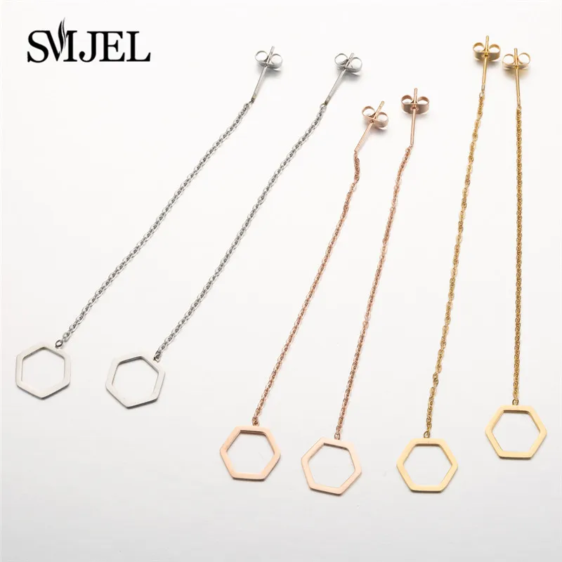 SMJEL Korean Geometric Drop Earrings Women Stianless Steel Long Threader Earrings Girls Tassel Chain Dangle Earring Jewelry