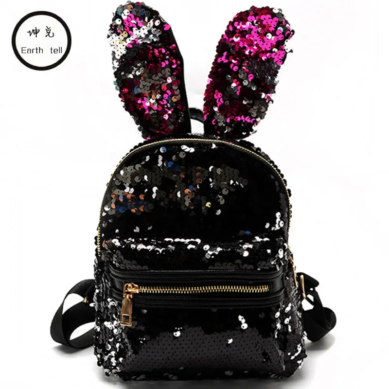 New Fashion Preppy Style Sequins Backpack Artificial Leather Women Shoulder Bag Rabbit Ears School Bags for Casual Teens Girls