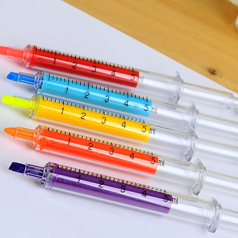 6 Pcs / Pack, New Novelty Highlighter Pen Stationery Syringe Highlighter Fluorescent Needle Tube Watercolor Nite Writer Pen