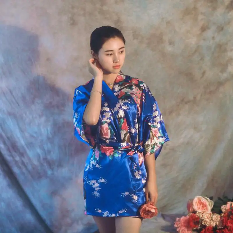 Wholesale Flower&Peacock Kimono Bathrobe Women Satin Soft Sleepwear Sexy Mini Bride Bridesmaid Wedding Robe Dressing Party Gown