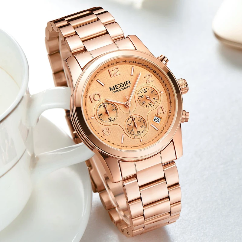 MEGIR Fashion Women Watches Stainless Steel Chronograph Top Luxury Brand Ladies Bracelet Quartz Watch Rose Gold Relogio Feminino