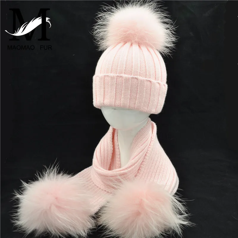 Jxwatcher Mother And Child Hat And Scarf Set High Quality Winter Real Raccoon Fur PomPom Knitted Fashion New Beanies Hat Scarves