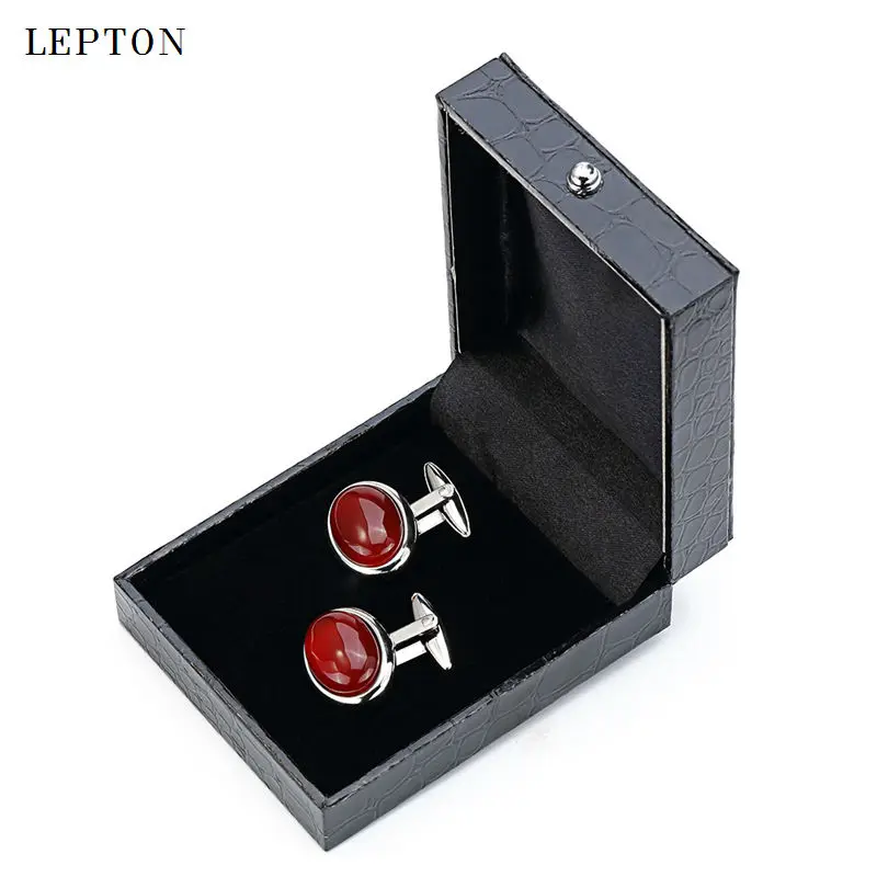 Hot Luxury Red Onyx Cufflinks for Mens Shirt Cuffs Cufflink Lepton High Quality ellipse Stone Cuff links Lepton Jewelry gemelos