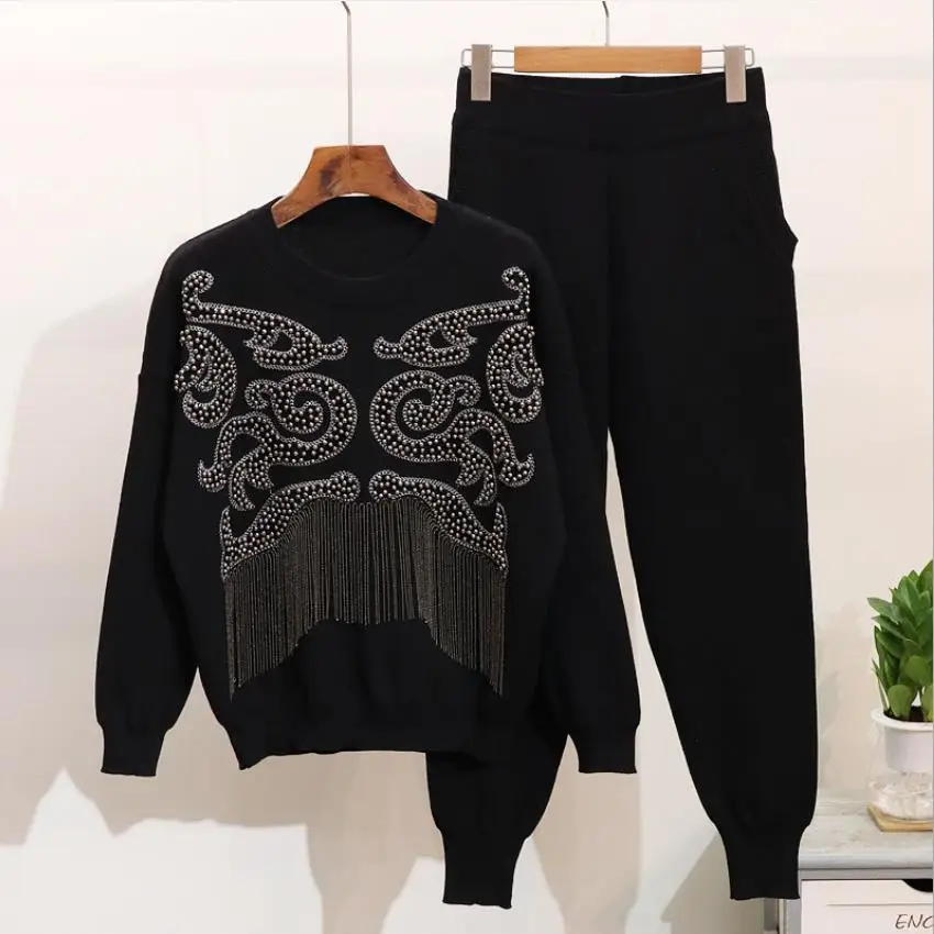 

Great quality rivet beading knit suits female heavy industry beading cartoon pattern sweater + pants two pieces sets wq1733